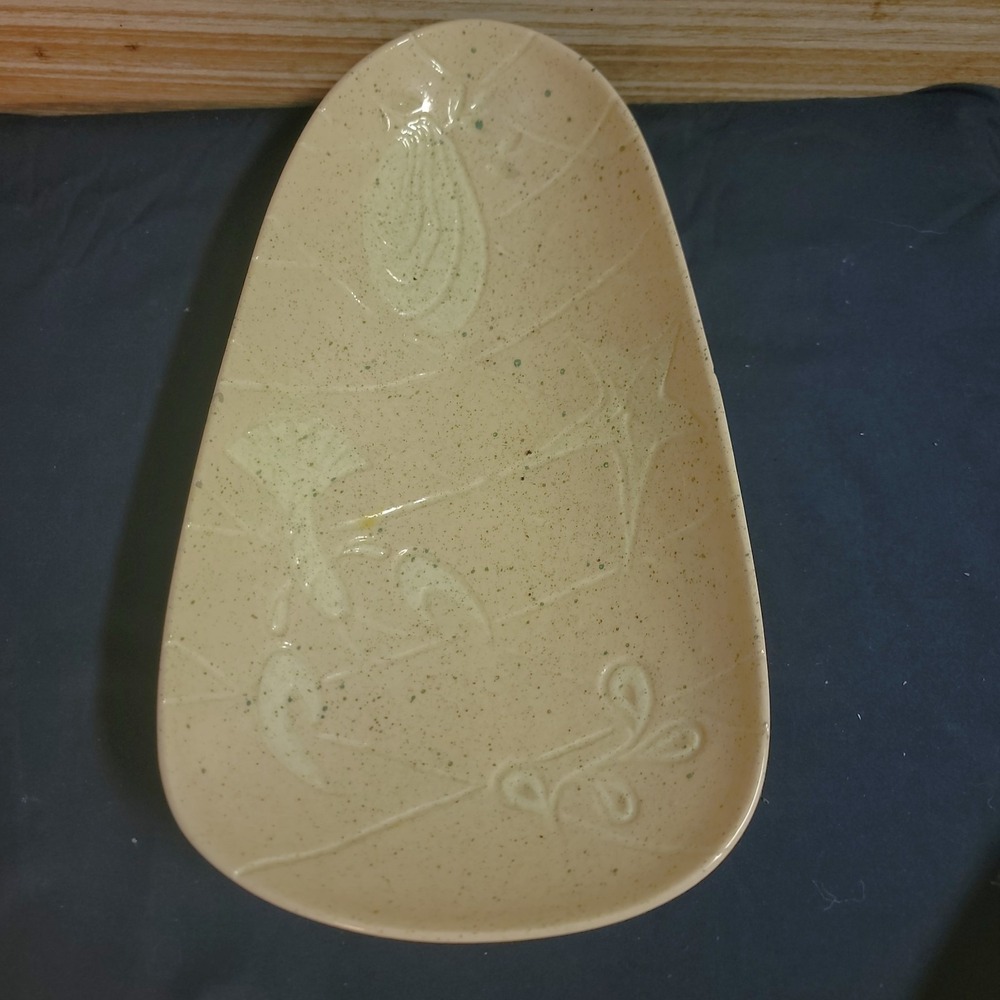 Vintage Speckled Ceramic Relish Tray Floral Raised Design 12x6 Serving Dish